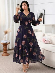 Modelyn 大尺碼女款花卉印花重疊V領長袖優雅洋裝 - 彩色 - 查看 8