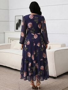 Modelyn 大尺碼女款花卉印花重疊V領長袖優雅洋裝 - 彩色 - 查看 3