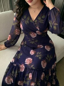 Modelyn 大尺碼女款花卉印花重疊V領長袖優雅洋裝 - 彩色 - 查看 7