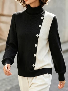 SHEIN 女款黑白對比色高領長袖上衣，優雅鈕扣裝飾通勤套頭衫 - 黑與白 - 查看 6