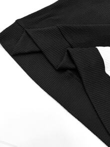 SHEIN 女款黑白對比色高領長袖上衣，優雅鈕扣裝飾通勤套頭衫 - 黑與白 - 查看 4