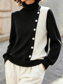 SHEIN 女款黑白對比色高領長袖上衣，優雅鈕扣裝飾通勤套頭衫 - 黑與白 - 查看 7