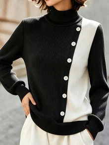 SHEIN 女款黑白對比色高領長袖上衣，優雅鈕扣裝飾通勤套頭衫 - 黑與白 - 查看 8