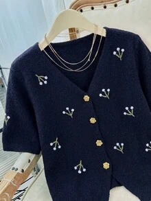 Modelyn 女款大尺碼 V 領刺繡短袖套頭針織開襟衫 正式晚裝 海軍藍 秋季 1920 年代優雅休閒派對 - 藏蓝色 - 查看 7