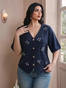 Modelyn 女款大尺碼 V 領刺繡短袖套頭針織開襟衫 正式晚裝 海軍藍 秋季 1920 年代優雅休閒派對 - 藏蓝色 - 查看 1