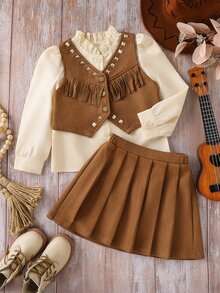SHEIN Young Girl Woven Solid Color Stand Collar Casual Shirt + Vest + Skirt Outerwear 3 Pieces Set - Khaki - View 4