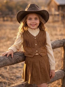 SHEIN Young Girl Woven Solid Color Stand Collar Casual Shirt + Vest + Skirt Outerwear 3 Pieces Set - Khaki - View 6