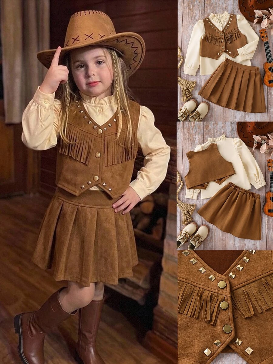SHEIN Young Girl Woven Solid Color Stand Collar Casual Shirt + Vest + Skirt Outerwear 3 Pieces Set