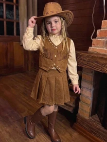 SHEIN Young Girl Woven Solid Color Stand Collar Casual Shirt + Vest + Skirt Outerwear 3 Pieces Set - Khaki - View 3