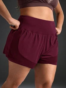 Powerista Women's Plus Size Solid Color Sports Shorts, Suitable For Running, Workout, Exercise, Yoga - Burgundy - View 1