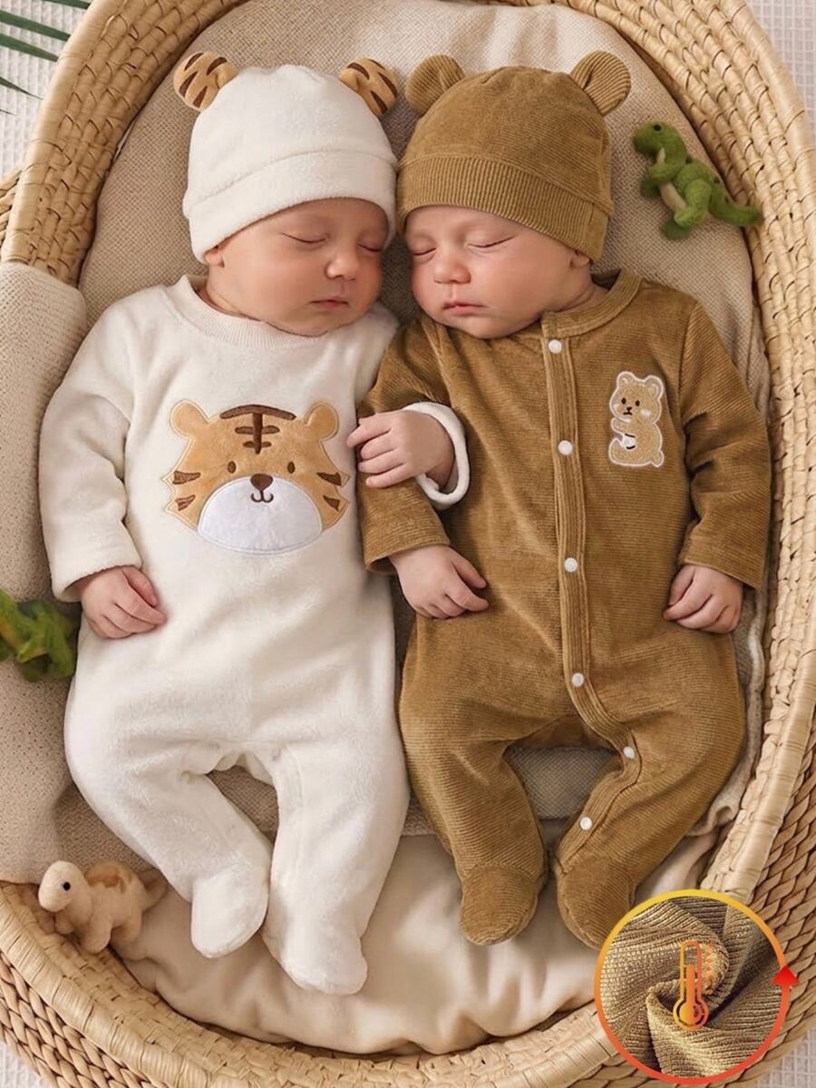 Newborn Double-Sided Flannel Cartoon Lion Fun Pattern Long Sleeve Romper Footed Jumpsuit Loungewear 2 Pieces Set Winter - Multicolor - View 1