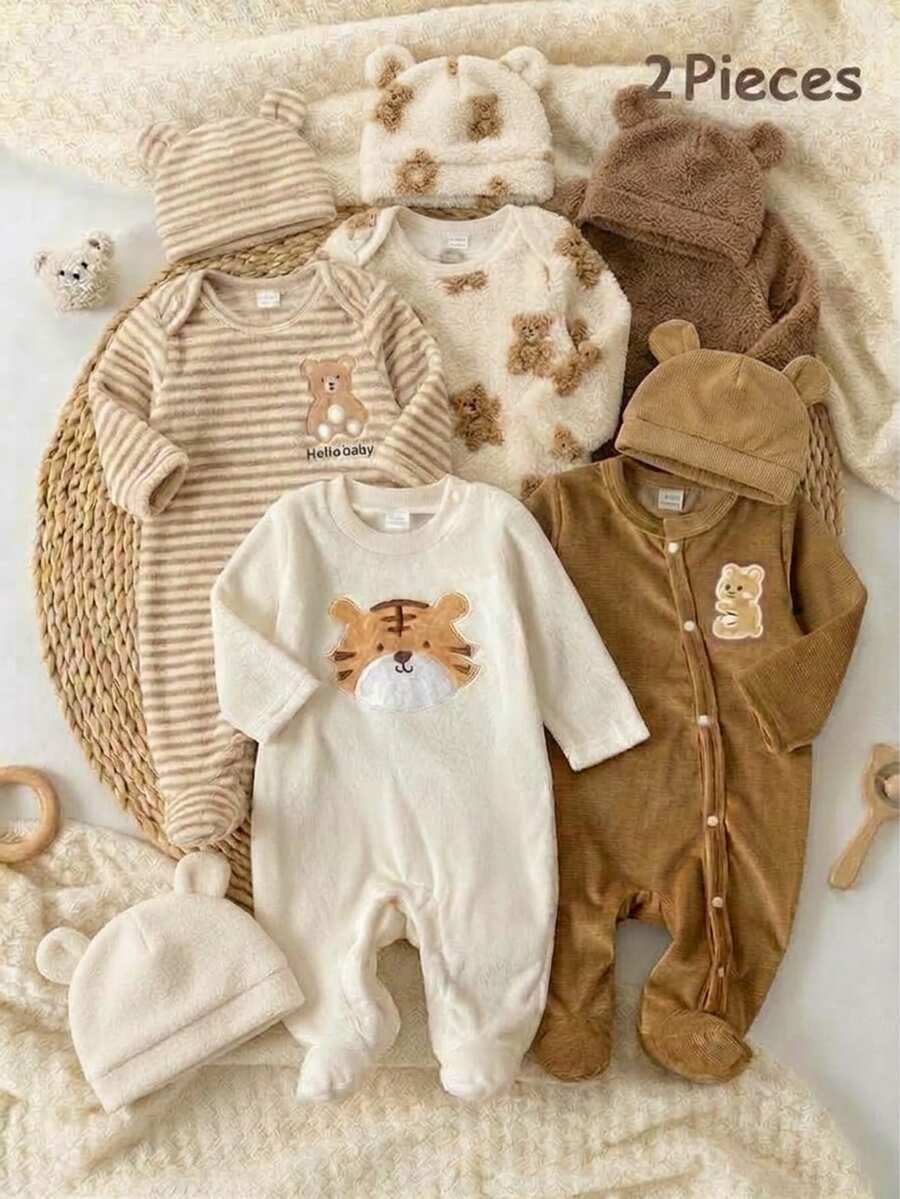 新生兒雙面法蘭絨卡通獅子趣味圖案長袖連身衣連腳連身褲家居服2件套 - 彩色 - 查看 1