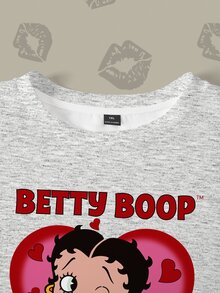 Betty Boop x SHEIN Plus Size Heart Cartoon Print Crew Neck Sweatshirt - White - View 5