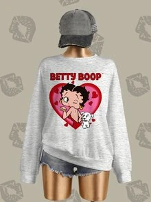 Betty Boop x SHEIN Plus Size Heart Cartoon Print Crew Neck Sweatshirt - White - View 7