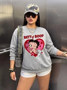 Betty Boop x SHEIN Plus Size Heart Cartoon Print Crew Neck Sweatshirt - White - View 1