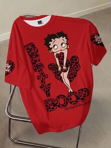 Betty Boop x SHEIN 女款字母卡通印花休閒日常短袖T恤秋季服飾 - 白色 - 查看 4