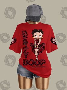 Betty Boop x SHEIN 女款字母卡通印花休閒日常短袖T恤秋季服飾 - 白色 - 查看 2