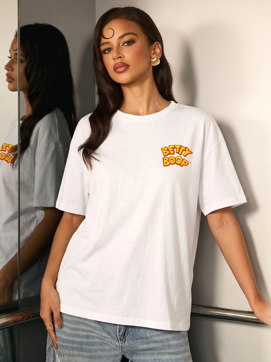 Betty Boop x SHEIN Women's Letter Print Round Neck Short Sleeve Casual T-Shirt - White - View 1
