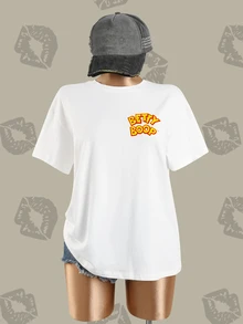 Betty Boop x SHEIN Women's Letter Print Round Neck Short Sleeve Casual T-Shirt - White - View 4