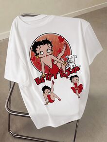 Betty Boop x SHEIN Plus Size Women's Heart Print Round Neck Short Sleeve Casual T-Shirt - White - View 3