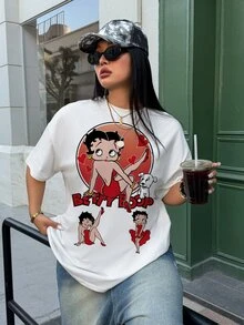 Betty Boop x SHEIN Plus Size Women's Heart Print Round Neck Short Sleeve Casual T-Shirt - White - View 4