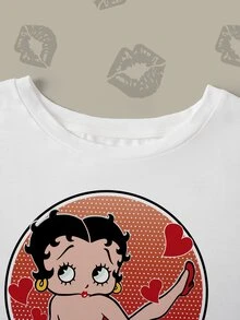 Betty Boop x SHEIN Plus Size Women's Heart Print Round Neck Short Sleeve Casual T-Shirt - White - View 6