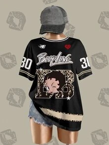 Betty Boop x SHEIN Plus Size Round Neck Short Sleeve Cartoon Graphic Print T-Shirt - White - View 4