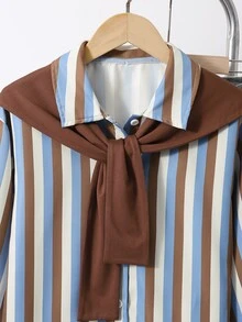 SHEIN 青少年女孩冬季搖粒絨復古休閒藍白條紋直條紋長袖襯衫，數位印花柔和協調配色校園風 - 彩色 - 查看 5