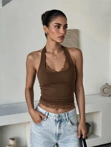 Lavishia Sexy Lace Patchwork Halter Top Night Out Going Out Coffee Brown Summer - Coffee Brown - View 1
