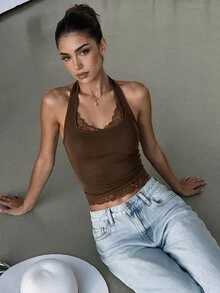 Lavishia Sexy Lace Patchwork Halter Top Night Out Going Out Coffee Brown Summer - Coffee Brown - View 4