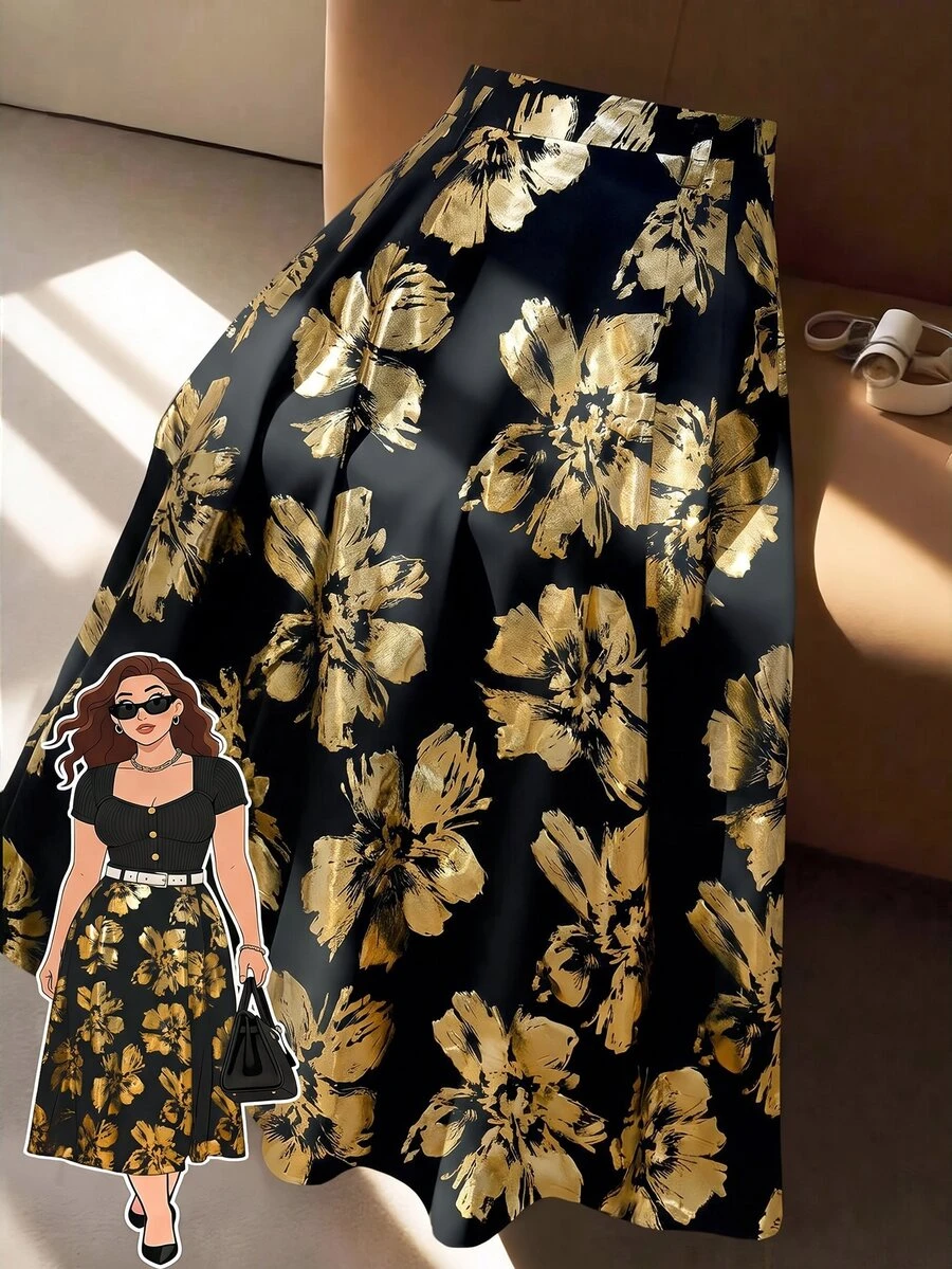 SHEIN LUNE CURVE Plus Size Women's Elegant Gold Foil Print A-Line Skirt, Suitable For Autumn/Winter And Party - Multicolor - View 1