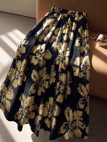 SHEIN LUNE CURVE Plus Size Women's Elegant Gold Foil Print A-Line Skirt, Suitable For Autumn/Winter And Party - Multicolor - View 2