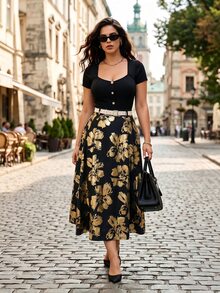 SHEIN LUNE CURVE Plus Size Women's Elegant Gold Foil Print A-Line Skirt, Suitable For Autumn/Winter And Party - Multicolor - View 4
