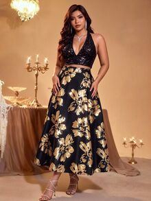 SHEIN LUNE CURVE Plus Size Women's Elegant Gold Foil Print A-Line Skirt, Suitable For Autumn/Winter And Party - Multicolor - View 8