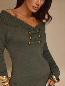 Glamine Elegant Fall Green And Gold Wide Neckline Off-Shoulder Chest Button Frog Closure Design Napoleon Small Lapel Long Sleeve Western Tops For Women - Army Green - View 8