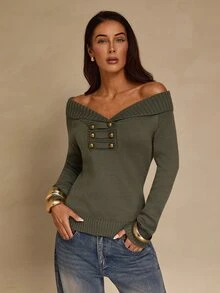 Glamine Elegant Fall Green And Gold Wide Neckline Off-Shoulder Chest Button Frog Closure Design Napoleon Small Lapel Long Sleeve Western Tops For Women - Army Green - View 7