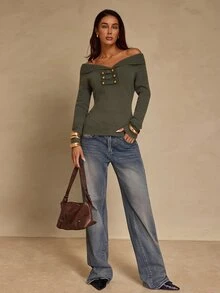 Glamine Elegant Fall Green And Gold Wide Neckline Off-Shoulder Chest Button Frog Closure Design Napoleon Small Lapel Long Sleeve Western Tops For Women - Army Green - View 6