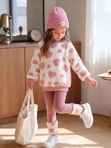 SHEIN Genkimix Kids 2pcs/Set Girls Cute Casual Preppy Style Fuzzy Sweatshirt With Heart Pattern Long Sleeve Top And Patchwork Slim Fit Long Pants Set - Pink - View 3