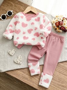 SHEIN Genkimix Kids 2pcs/Set Girls Cute Casual Preppy Style Fuzzy Sweatshirt With Heart Pattern Long Sleeve Top And Patchwork Slim Fit Long Pants Set - Pink - View 5