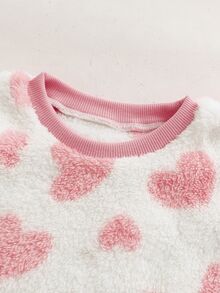 SHEIN Genkimix Kids 2pcs/Set Girls Cute Casual Preppy Style Fuzzy Sweatshirt With Heart Pattern Long Sleeve Top And Patchwork Slim Fit Long Pants Set - Pink - View 6