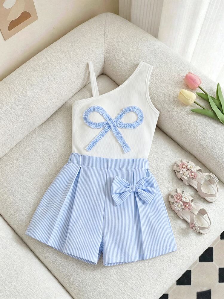 SHEIN Elladie kids Tween Girls 2pcs/Set Sleeveless Camisole Top+Off-White Striped Shorts,Cute And White Stripe,Summer Vacation Holiday Airport Tropical Girls Trip Beach - Multicolor - View 5
