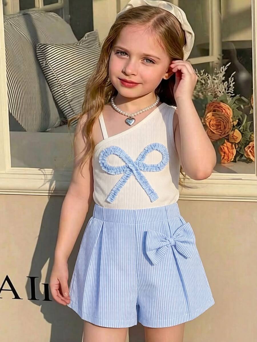 SHEIN Elladie kids 青少年女孩 2件組 無袖背心上衣 + 米白色條紋短褲,可愛白色條紋,適合夏季度假、假期、機場、熱帶女孩旅行、海灘 - 彩色 - 查看 1