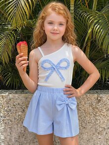 SHEIN Elladie kids 青少年女孩 2件組 無袖背心上衣 + 米白色條紋短褲，可愛白色條紋，適合夏季度假、假期、機場、熱帶女孩旅行、海灘 - 彩色 - 查看 4