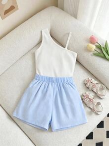 SHEIN Elladie kids 青少年女孩 2件組 無袖背心上衣 + 米白色條紋短褲，可愛白色條紋，適合夏季度假、假期、機場、熱帶女孩旅行、海灘 - 彩色 - 查看 2