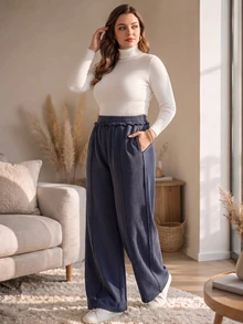 Rosumi Women's Plus Size Solid Color Casual Daily Wear Long Pants Fall Winter 2026 Loose-Fitting Dark Blue Washed Trousers - Blue - View 4