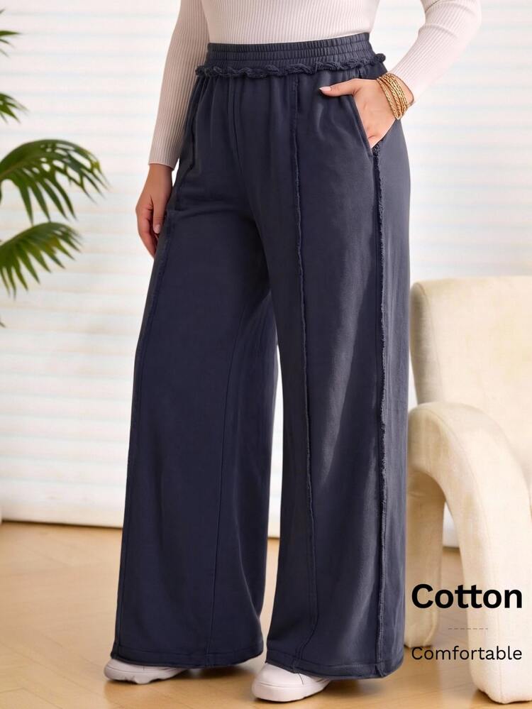 Rosumi Women's Plus Size Solid Color Casual Daily Wear Long Pants Fall Winter 2026 Loose-Fitting Dark Blue Washed Trousers - Blue - View 1