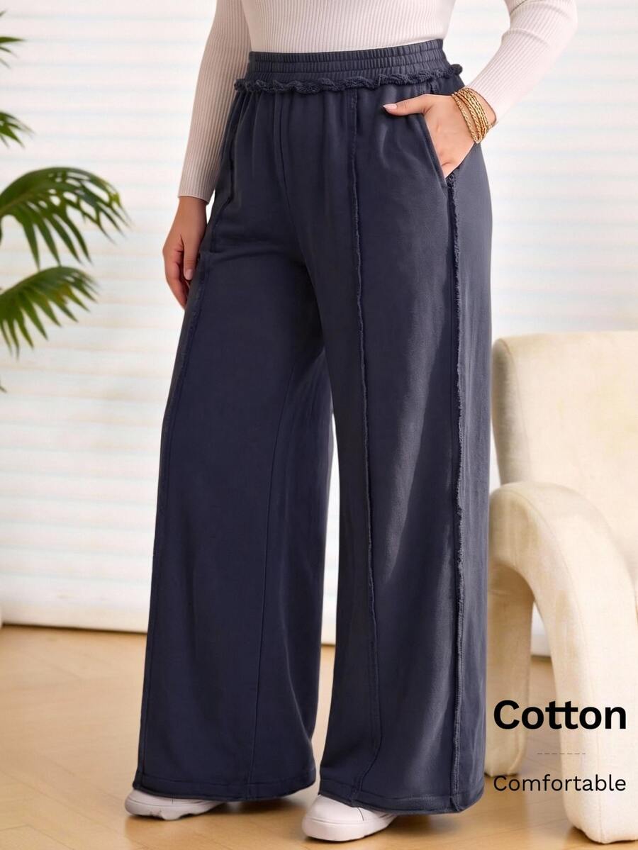 Rosumi Women's Plus Size Solid Color Casual Daily Wear Long Pants Fall Winter 2026 Loose-Fitting Dark Blue Washed Trousers - Blue - View 1