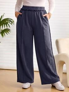 Rosumi Women's Plus Size Solid Color Casual Daily Wear Long Pants Fall Winter 2026 Loose-Fitting Dark Blue Washed Trousers - Blue - View 9