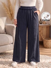 Rosumi Women's Plus Size Solid Color Casual Daily Wear Long Pants Fall Winter 2026 Loose-Fitting Dark Blue Washed Trousers - Blue - View 2