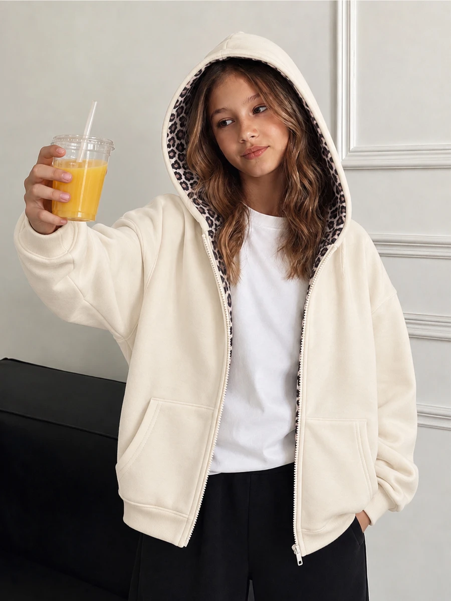 Tween Girls Long Sleeve Solid Color Bow Decor Fleece Lined Sweatshirt Jacket Back To School Winter Black And White Leopard Print Gym Cute Streetwear